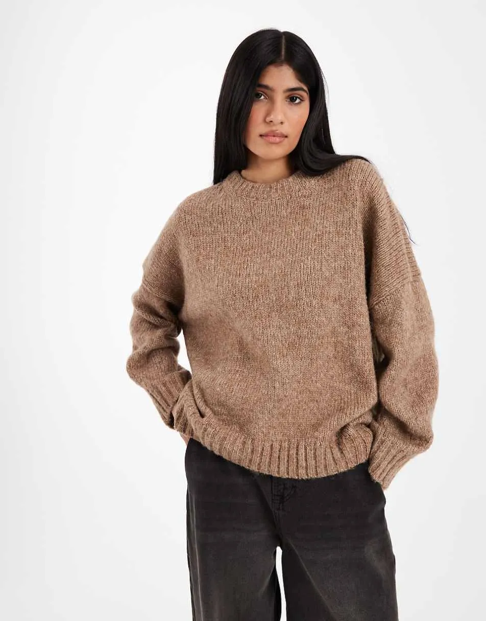 ASOS DESIGN oversized crew neck jumper with curved hem in dark beige