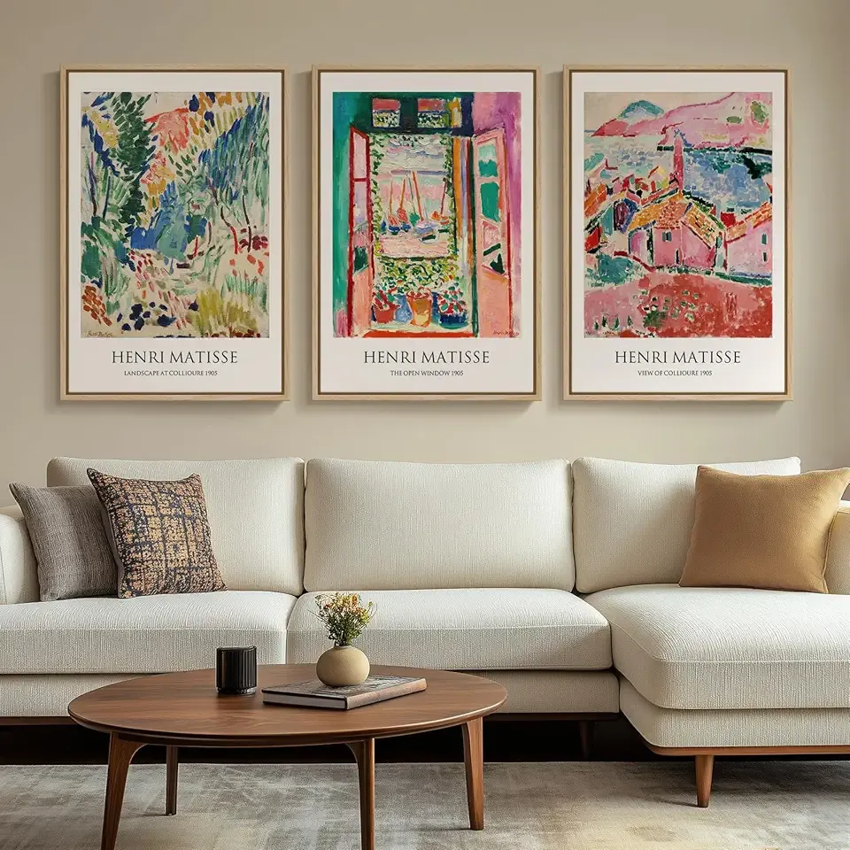 Large Framed Matisse Wall Art for Living room, 3 Piece Colorful Abstract Canvas Artwork for Walls, Retro Vintage Big Matisse Famous Landscape Paintings Prints Pictures for Hallway Home Office 24x36