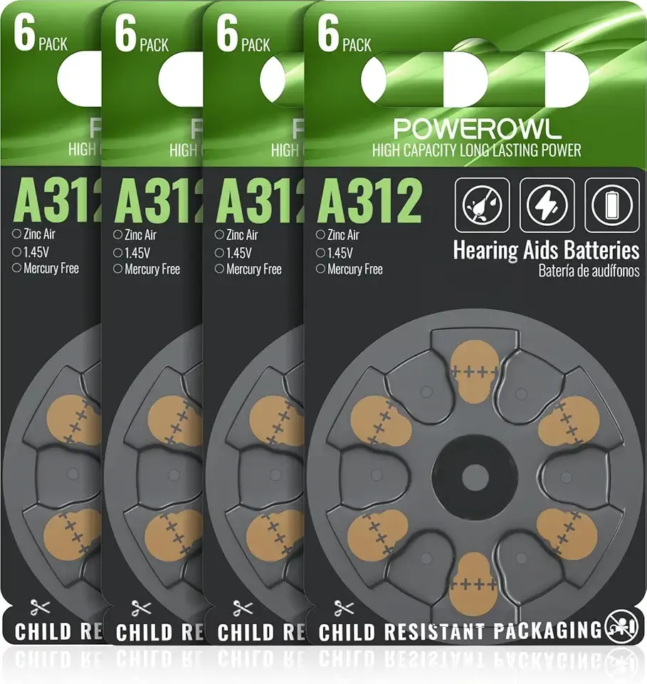 POWEROWL 24 Count Hearing Aid Batteries Size 312, High Capacity Cell, Long Lasting 312A battery