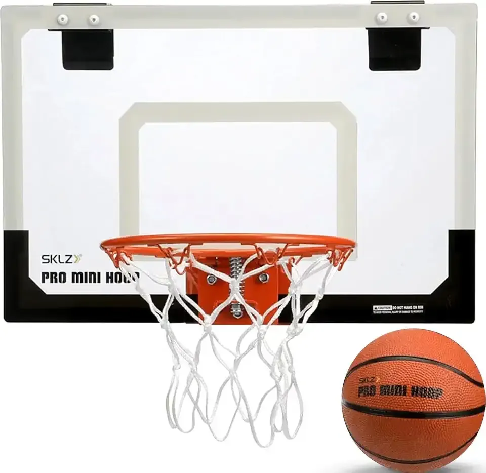 SKLZ Pro Mini Indoor Basketball Hoop with Ball, Over the Door, Shatter-Proof Backboard, Spring-Action Break-Away Steel Rim, Great for Home, Dorm Room, and Office