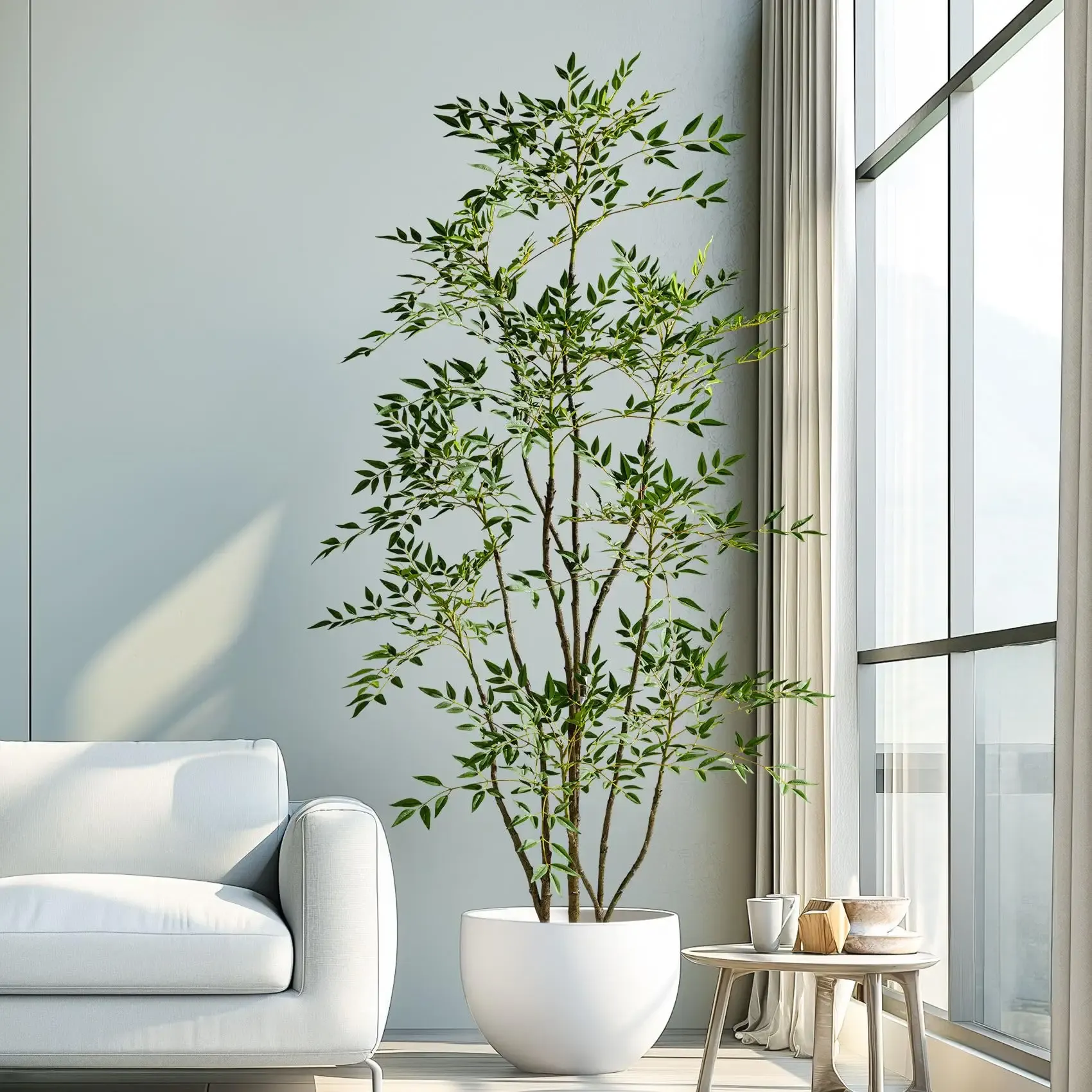 7.2ft Faux Bamboo Tree Artificial Nandina Tree Artificial Indoor Plants Realistic Fake Potted Tree with 800+ Leaves, Cement Planter - Home Office Decor Perfect for Housewarming Gift Non-Toxic