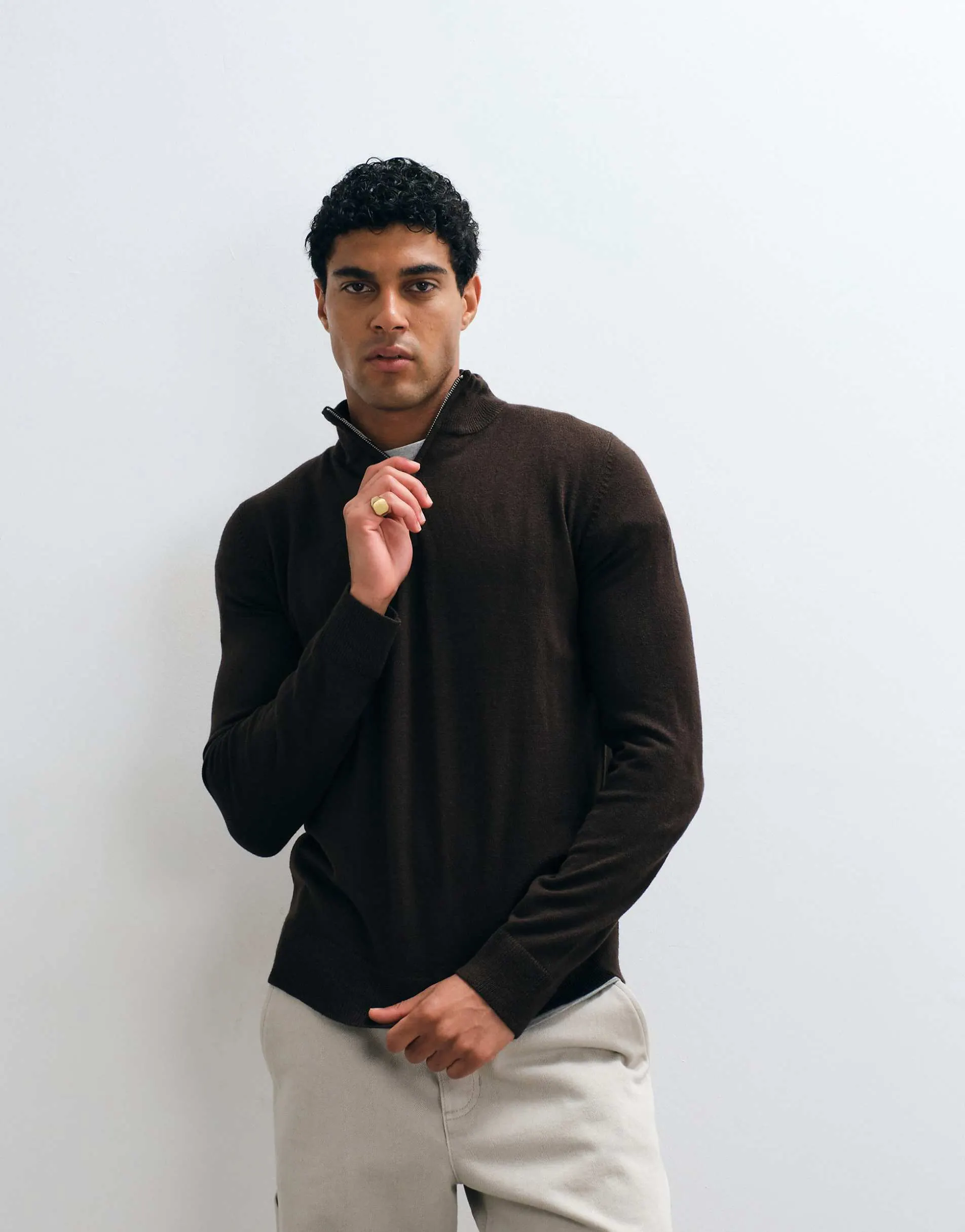 Brave Soul 1/4 zip knitted jumper in brown