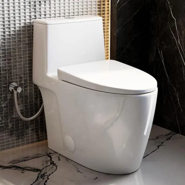 17.​3 in.​ 1-​Piece Toilet White Elongated Bowl and ADA Comfort Height Rimless Swirl Dual Flush 1.​0/​1.​28 GPF, Seat Included