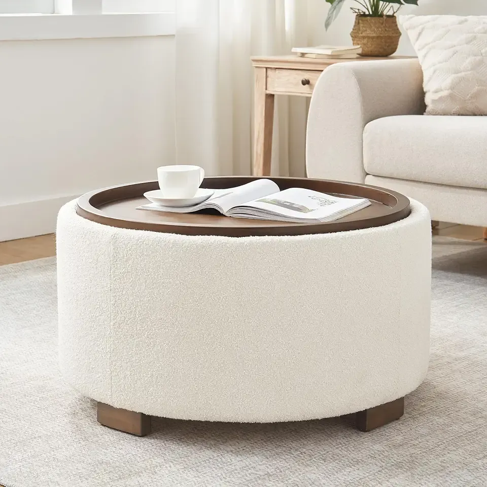 30 Inch Round Storage Ottoman Coffee Table, Modern Boucle Ottoman with Lift-Off Lid and Solid Wood Legs for Living Room, Bedroom, Corners, Apartments (Beige)