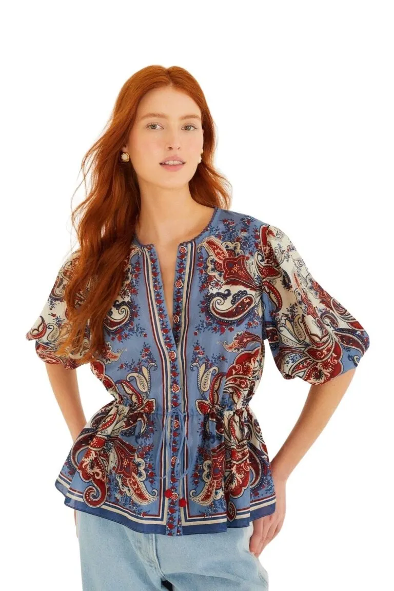 Paisley Scarf Short Sleeve Blouse - Blå