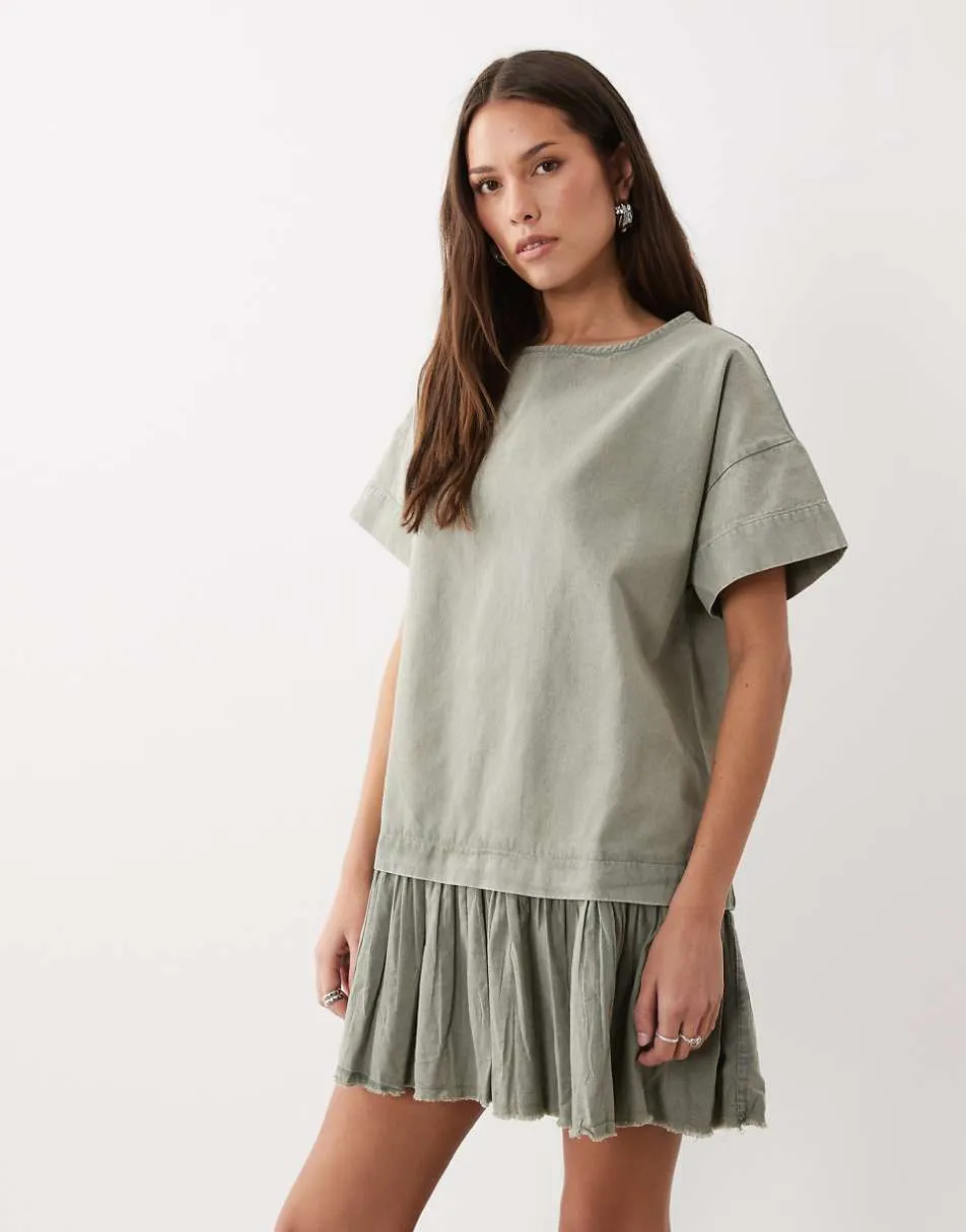 ASOS DESIGN hybrid t-shirt mini dress in washed olive