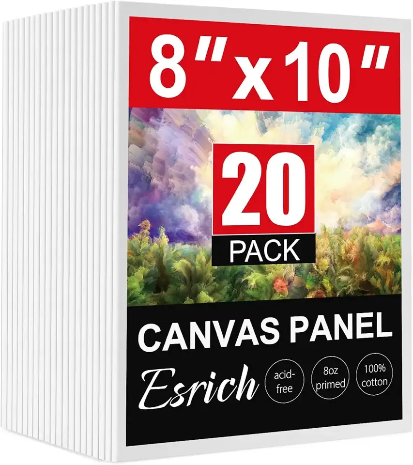 ESRICH Canvas Boards for Painting, 20 Pack Canvases for Painting 8x10 Cotton Primed Acid Free Blank Canvas Panels for Oil Paint, Watercolor, Acrylic Paint, Gouache and Tempera.