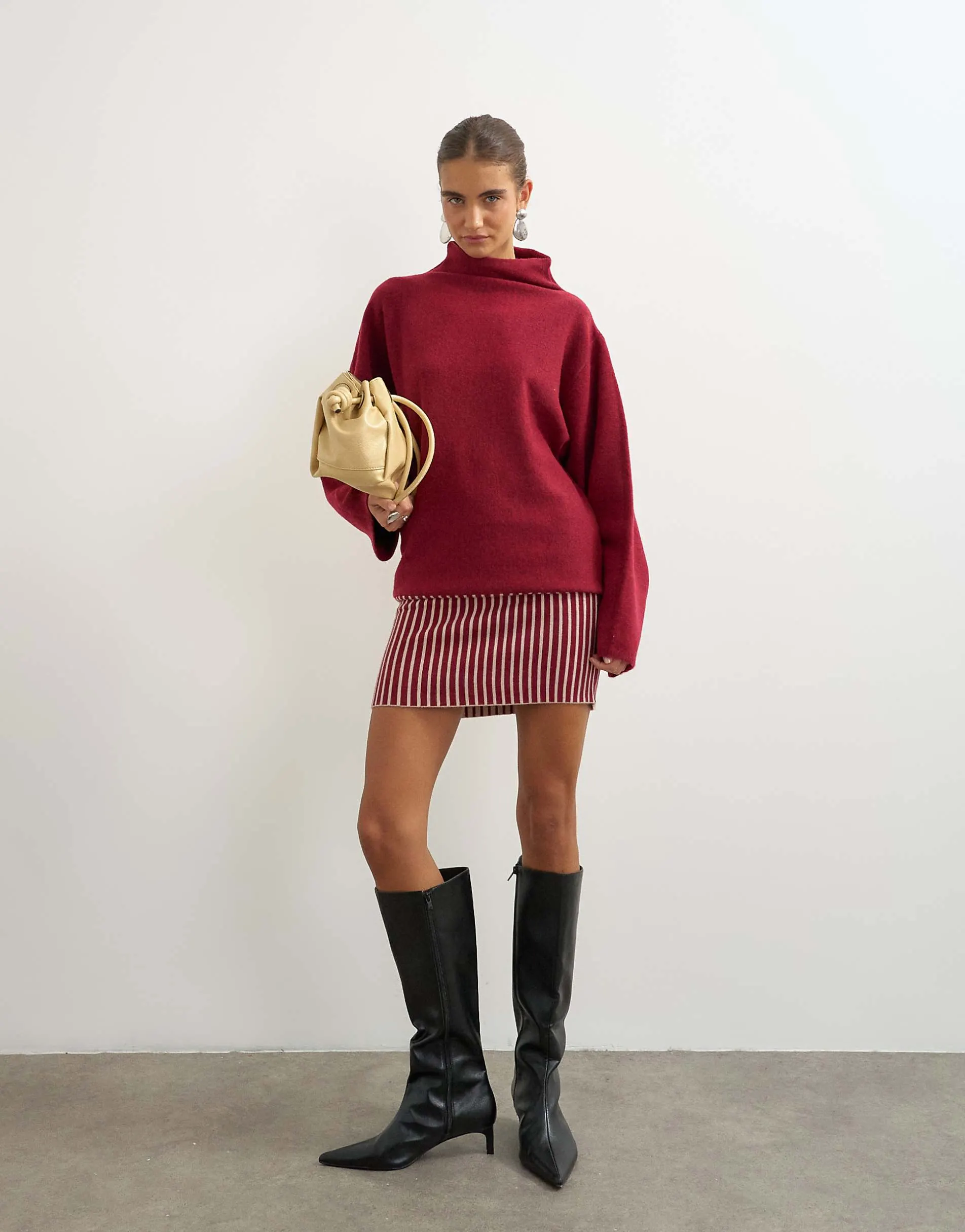 Topshop knitted long sleeve stripe mini dress with wool in burgundy