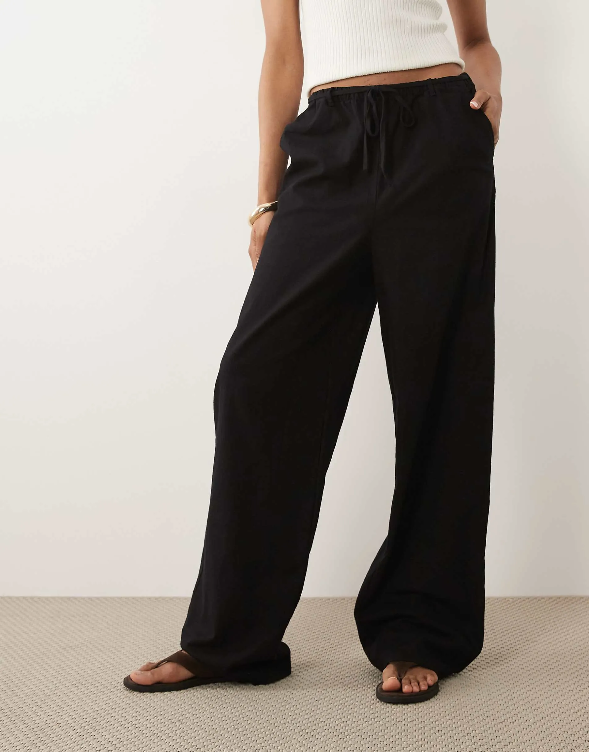 ASOS DESIGN Tall linen look pull on trousers in black