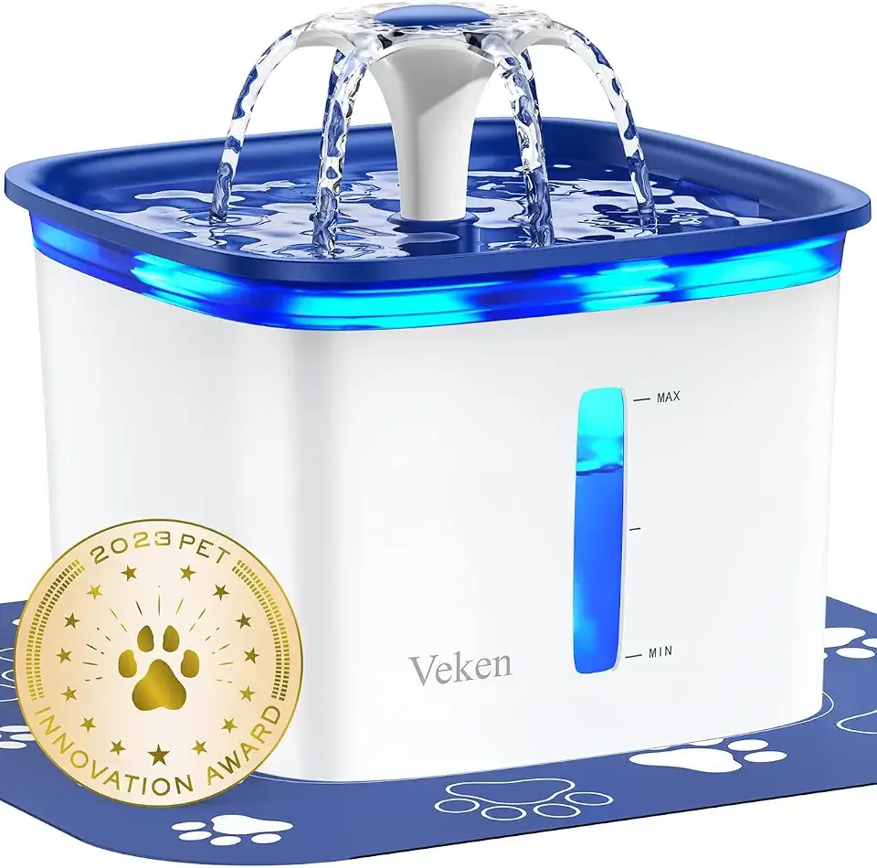 Veken Innovation Award Winner 95oz/2.8L Cat Water Fountain | Automatic Pet Fountain Dog Water Dispenser with Replacement Filters & Silicone Mat for Cats, Dogs (Blue, Plastic)