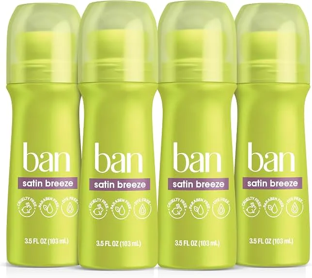 Ban Invisible Roll-On Antiperspirant Deodorant, Satin Breeze, 3.5 oz, 4pk | 24-Hour Sweat and Odor Protection, No White Residue, For Women and…