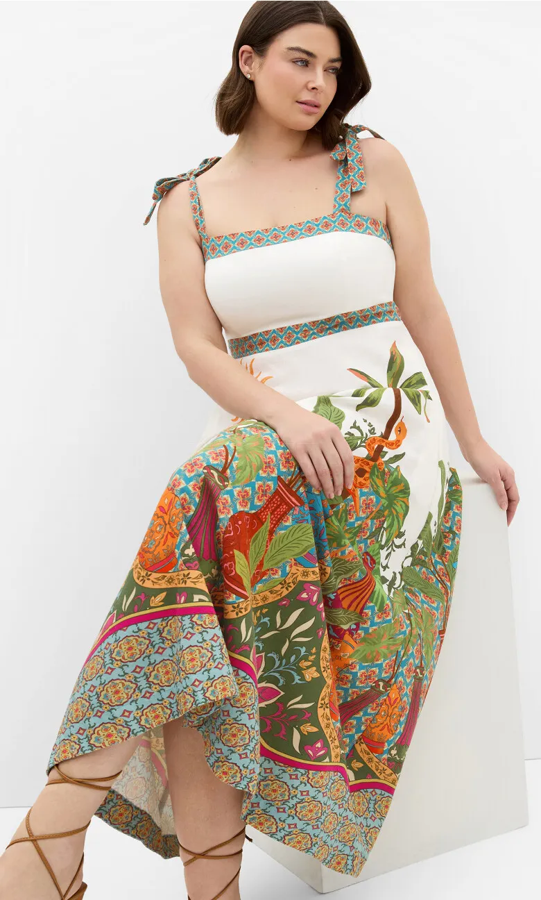 Paradise Print Shoulder Tie Midi Dress - ivory