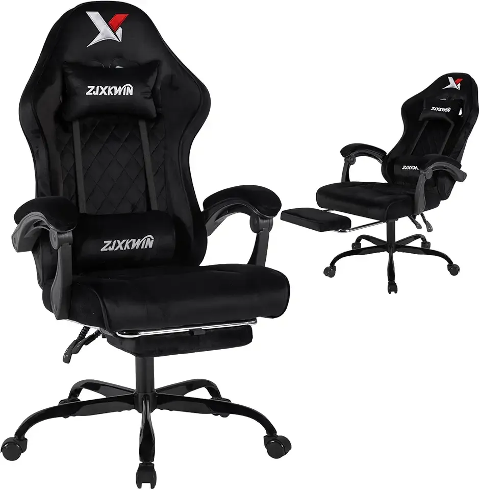Gaming Chair with Footrest, Ergonomic Computer Chair with Headrest & Lumbar Support, Skin-Friendly Velvet, Adjustable Height & Backrest, Linked Armrest for Gamer Home Adults Office Rest,Black