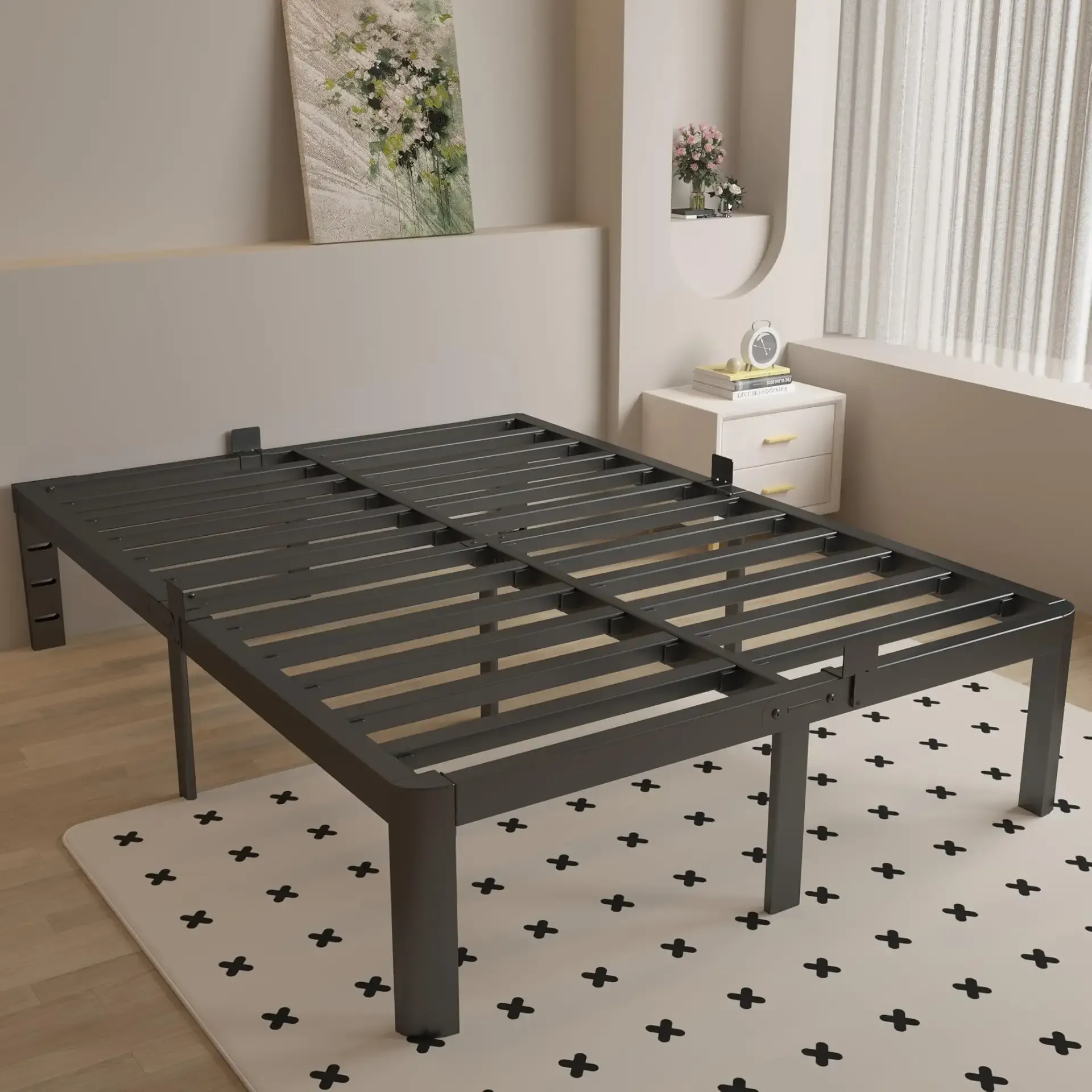 Full Size Bed Frame 14 Inch Black, Metal Bed Frame Full with Gaskets, No Box Spring Needed, Heavy Duty Steel Platform Supprt, Rounded Corner Design, Reserved Holes, Noise Free, Easy Assembly