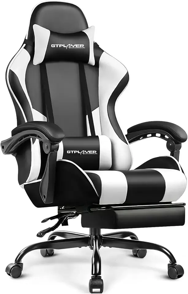 GTPLAYER Gaming Chair, Computer Chair with Footrest and Lumbar Support, Height Adjustable Game Chair with 360°-Swivel Seat and Headrest and for Office or Gaming (White)