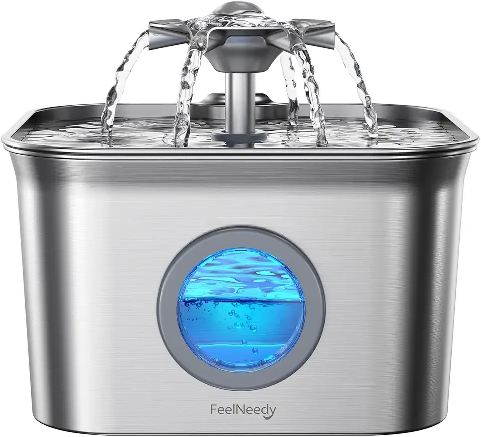 Stainless Steel Cat Water Fountain, 99oz/2.8L Auto Pet Drinking Fountain with 20dB Ultra-Quiet Pump- Ideal for Timid Pets, LED Water Level Window, Dishwasher Safe, 24/7 Circulating Flow - FEELNEEDY
