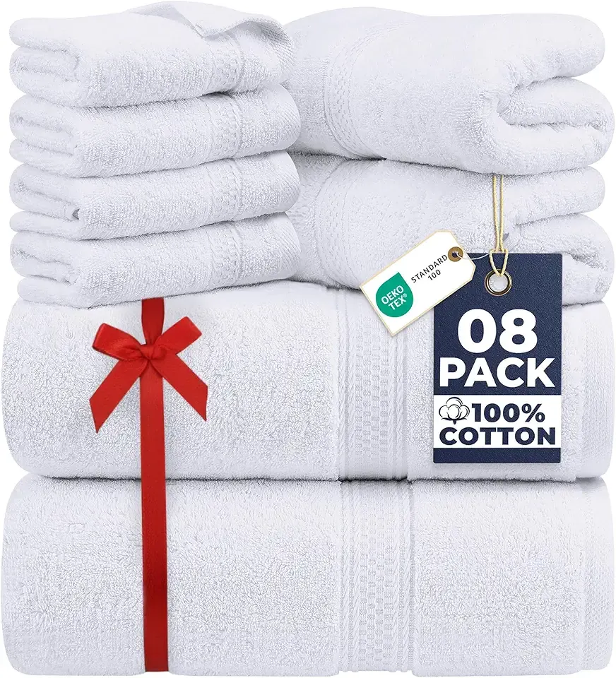 Utopia Towels 8 Piece Premium Towel Set, 2 Bath, 2 Hand, and 4 Wash Cloths, 600 GSM 100% Ring Spun Cotton, Highly Absorbent Towels for Bathroom, Gym, Hotel, and Spa, White