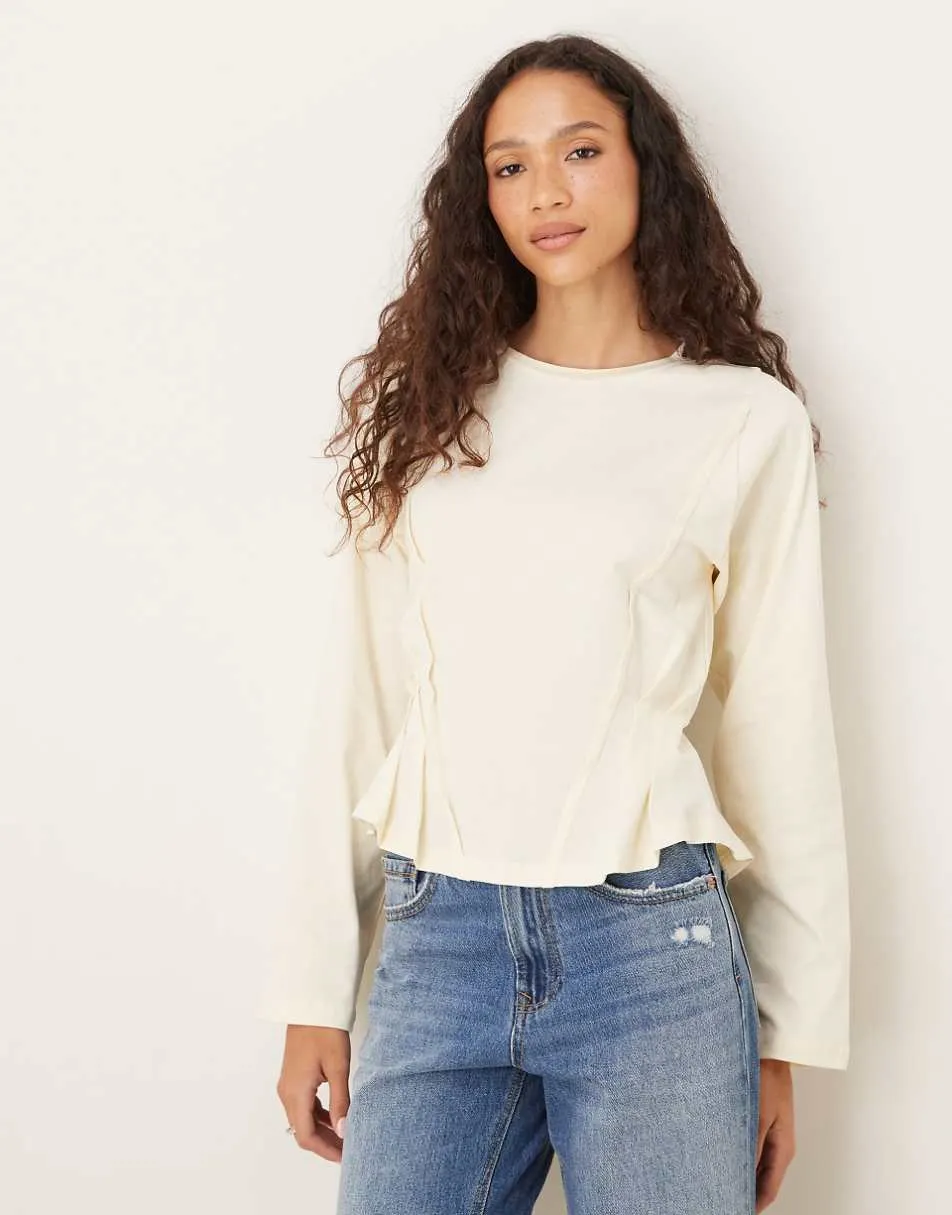 ASOS DESIGN long sleeve seam detail corset tee in cream