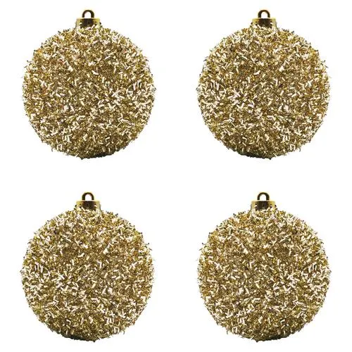 Enchanted Forest® 80mm Champagne Gold Tinseled Shatterproof Ornaments - 4 Pack