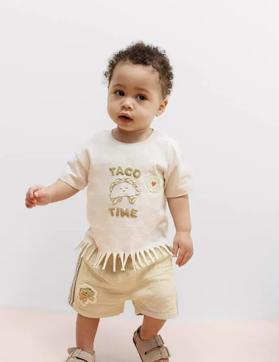 2-tlg. Taco-Fransen T-Shirt und Shorts aus reiner Baumwolle (0–5 Jahre)