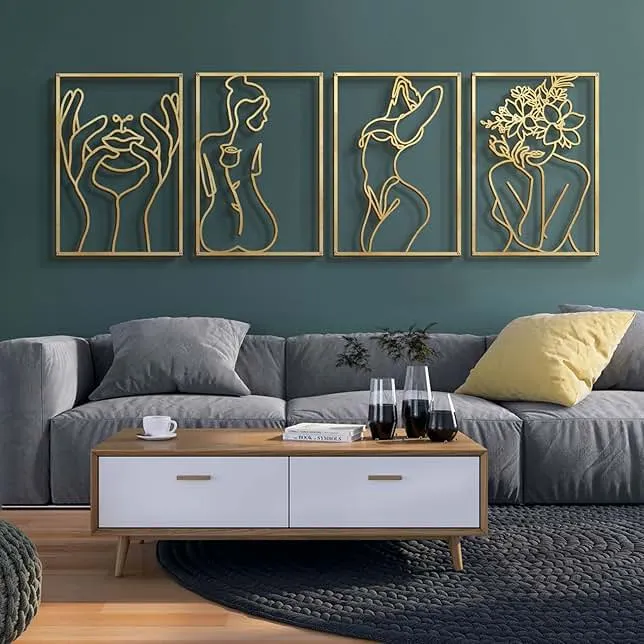Glamativity 4 Pack Gold Wall Art Decor, Minimalist Single Line Real Metal Wall Art, Woman's Body Shape Abstract Wall Art (Gold Classic Style, 17 x 11.8'')