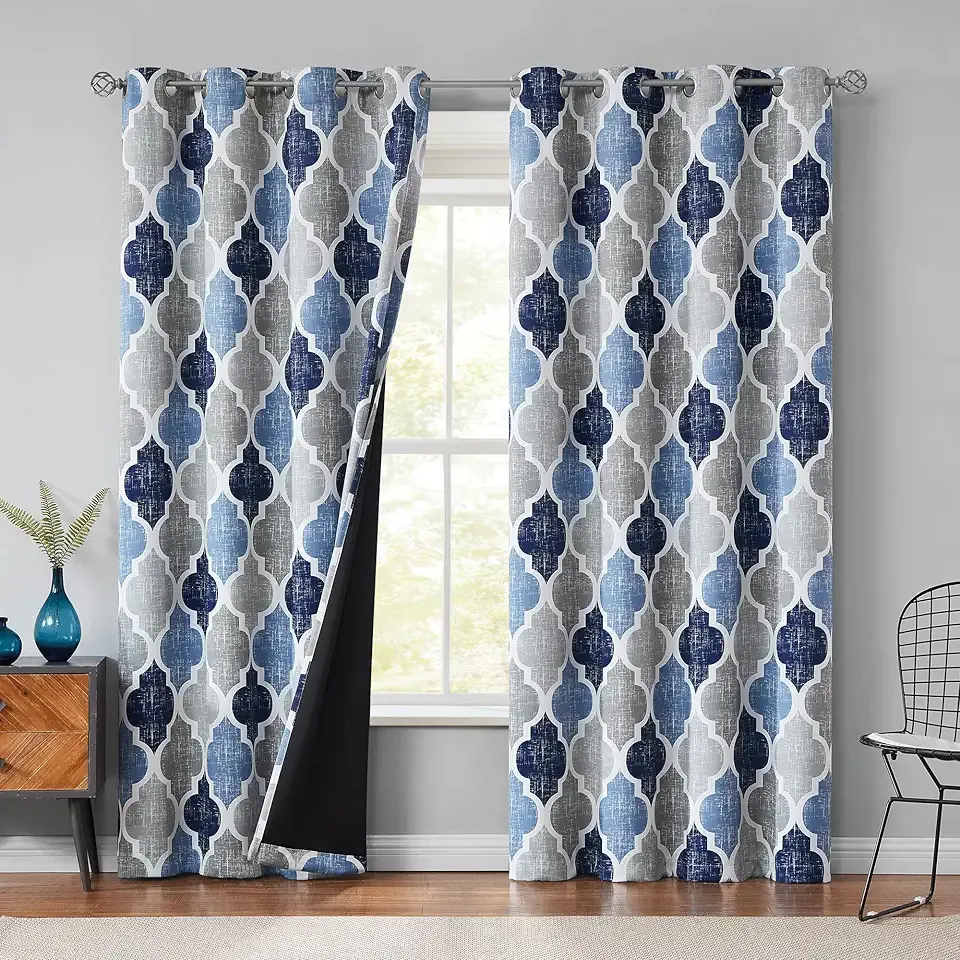 Beauoop 100% Blackout Curtains 84 Inches Long 2 Panels for Bedroom Living Room Blue Grey Moroccan Geo Room Darkening Thermal Insulated Soundproof Grommet Top Window Treatments Drapes, 50x84 Set of 2