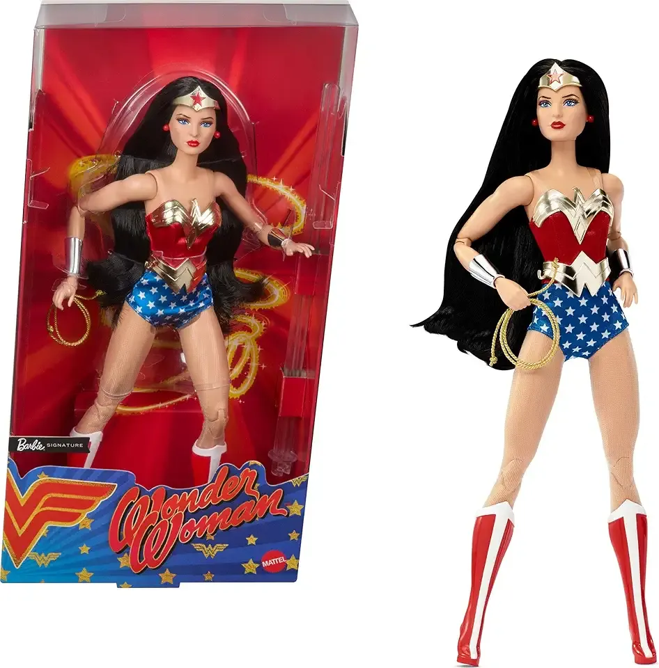 Signature Doll, Wonder Woman Collectible with Doll Stand in Red and Blue Tank Suit with Golden Accessories Like Lasso, Headpiece and Belt