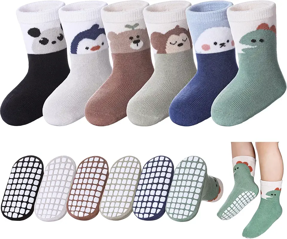 Baby Toddlers Non Slip Socks with Grippers Cotton Crew Gift Grips Socks for Kids Boys Girls 6 Pairs