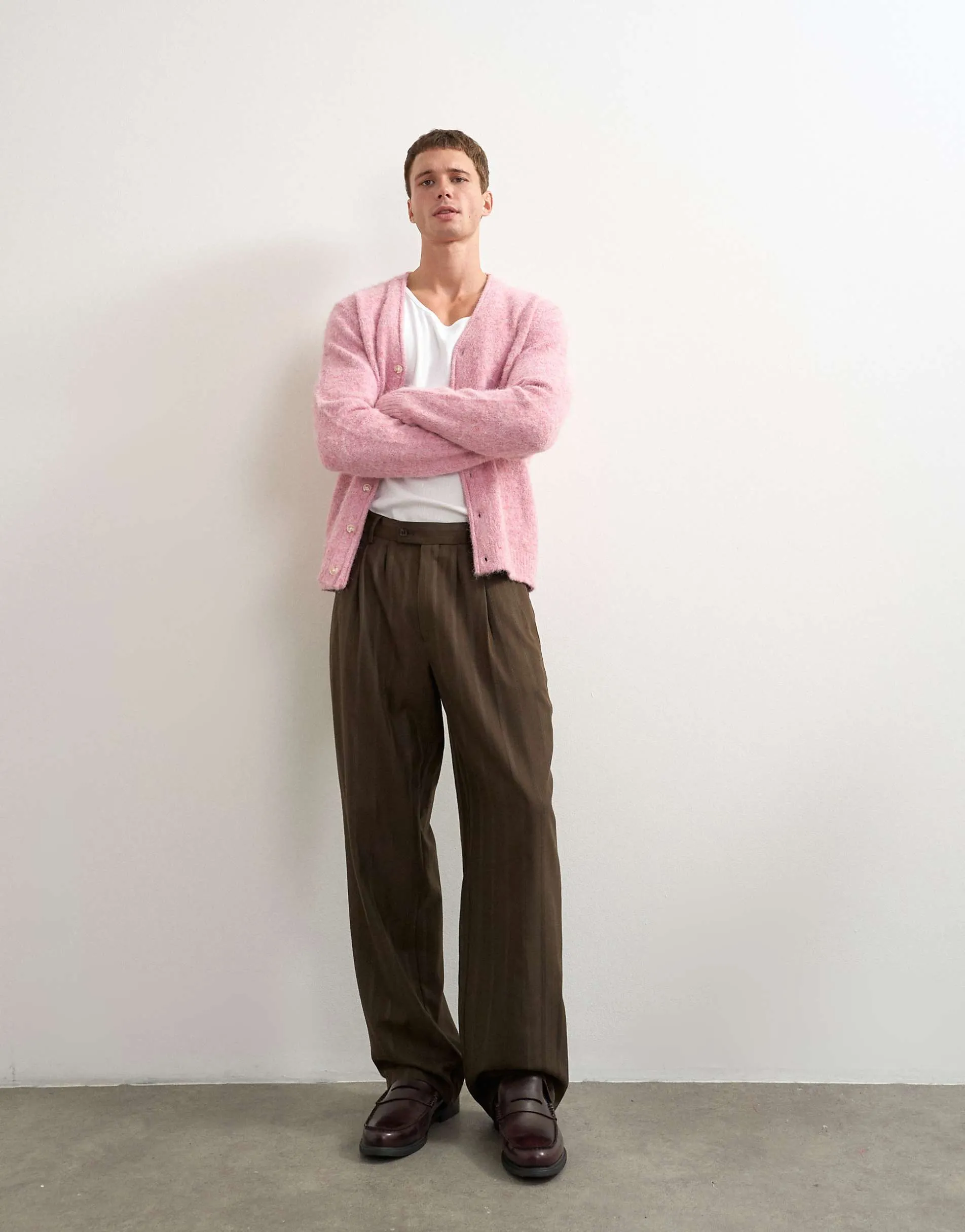 Topman wide leg stripe trouser with pleats in chocolate brown