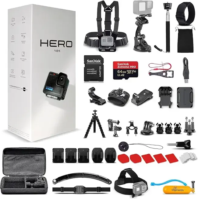 Hero (Go Pro Hero) Black Compact - Waterproof Action Camera with 4K Ultra HD Video, 12MP Photos, Stabilization + 50-in-1 Accessory Kit + 64GB Card + More