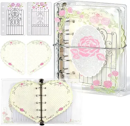 Clear PVC Vine Rose M5 Binder, 5 Ring Loose Leaf Notebook with Elastic Band