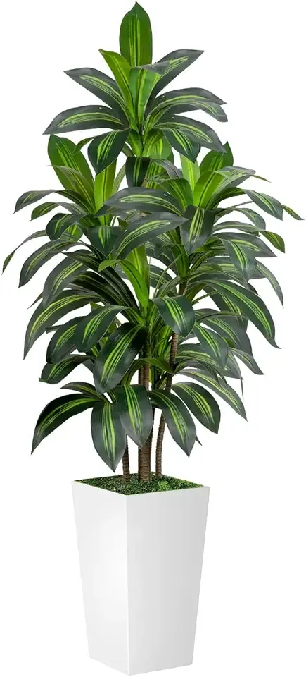 Dracaena Tree 5FT Artificial, 60in Tall Faux Dracaena Tree with 15.7 White Planter, Fake Potted Tree for Indoor & Outdoor Home Office Decor