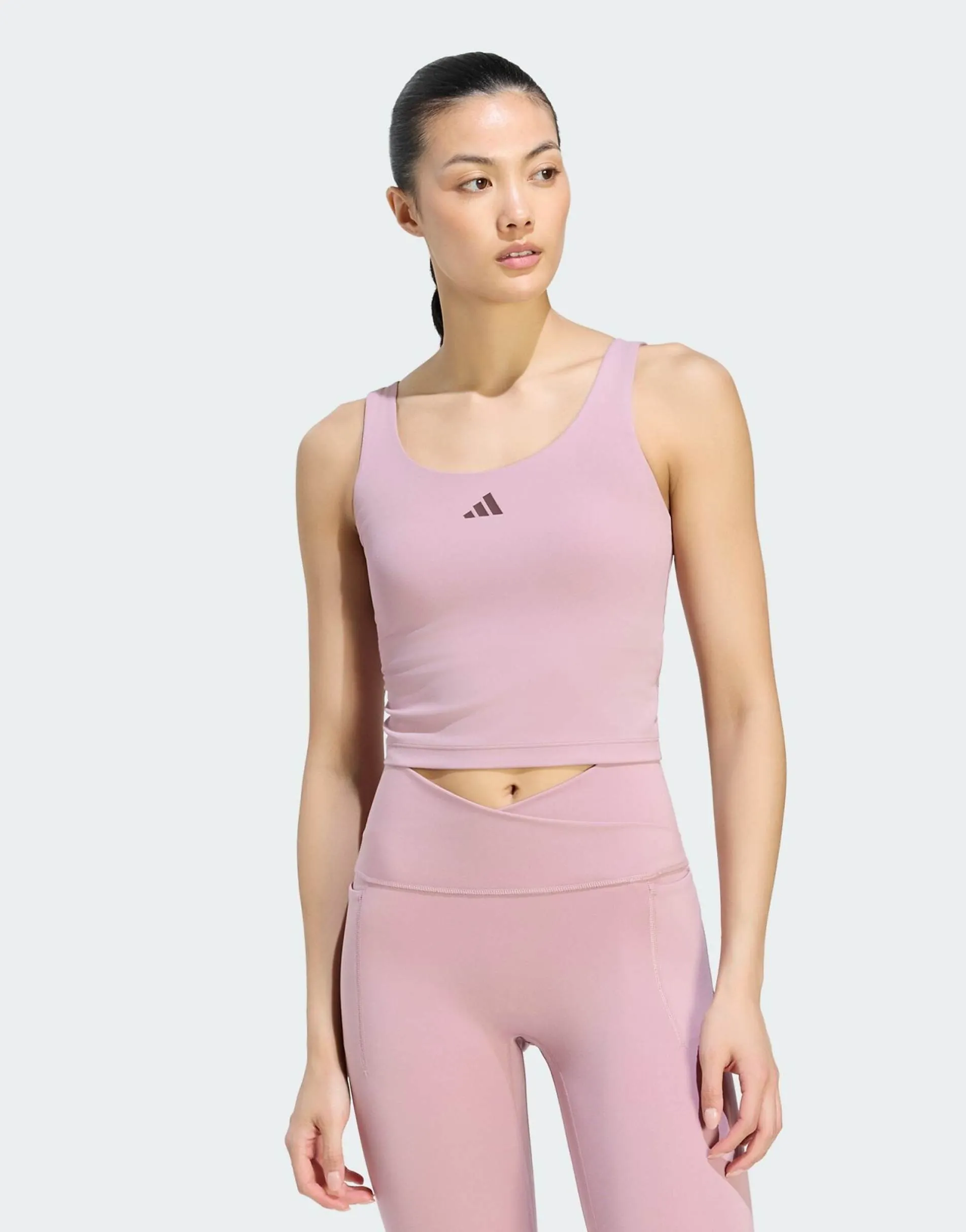 adidas performance 3 stripes studio all me light support tank in magic mauve