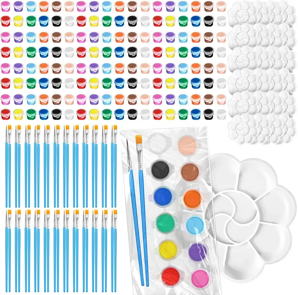 Fulmoon 48 Set Mini Acrylic Paint Set for Kids 12 Colors/8 Colors Adults Washable Mini Painting Kit Arts Crafts Party Favors Filled Brushes Palettes Bulk for Classroom Home Supplies (Vivid Color)