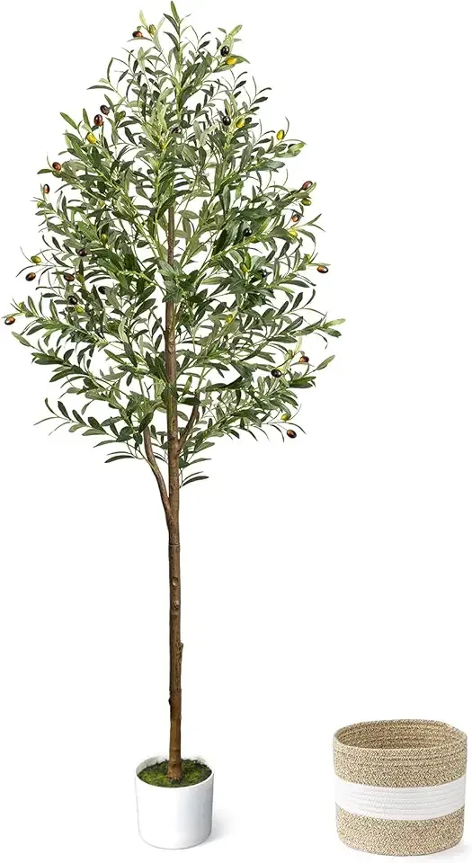 6FT Artificial Olive Tree - Indoor Tall Faux Olive Trees with Planter&Basket, Large Fake Olive Silk Tree Realistic Olive Plants with Branches and Fruits for Home Decor Office Living Room