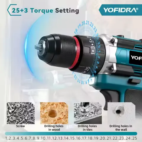 YOFIDRA 3 IN 1 25+3 Torque Electric Impact Drill Handheld Cordless Impact Drill Woodworking Power Tool For Makita Battery Pin