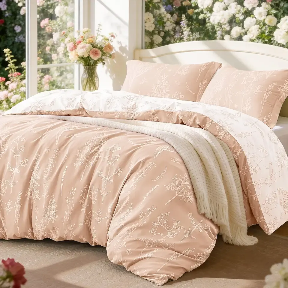 Love's cabin Pink Full Size Comforter Set - Full Comforter Set, 3 Pieces Cute Floral Bedding Sets for All Seasons,1 Soft Reversible Botanical Flowers Comforter and 2 Pillow Shams