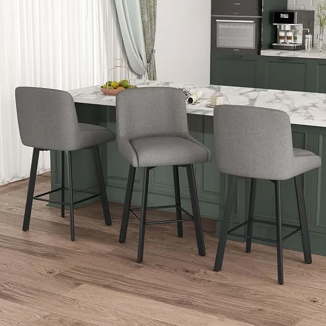 SAECKBERG Swivel Counter Height Bar Stools Set of 3, 26''H Upholstered Barstools with Backs, Modern Bar Stool Chairs for Kitchen Island, Met…