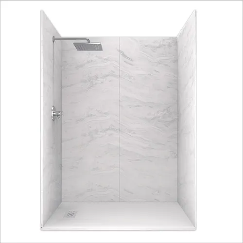 60L x 36W x 84H inch Solid Composite Stone Shower Kit- Sierra L. Walls & L/R White Sand Shower Pan