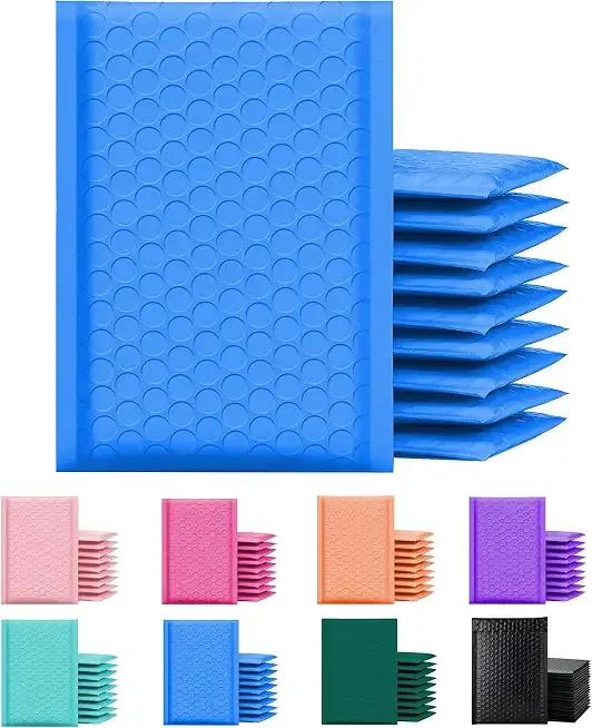 Yens Poly Bubble Mailers 4x8 50 Pack Blue Waterproof Self Seal Adhesive Shipping Bags, Cushioning Padded Envelopes for Shipping, Mailing, Packaging Usable 4x7