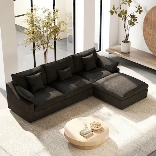 Down Filled 119 in. Flared Arm Linen Cloud Couch L-shaped Modular Sofa with Ottoman, Washable Covers in Black