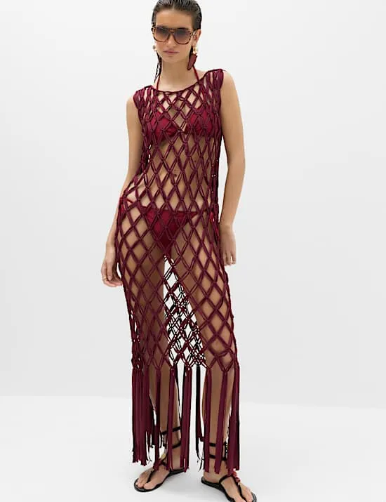 Transparentes Maxi-Strandkleid aus Makramee