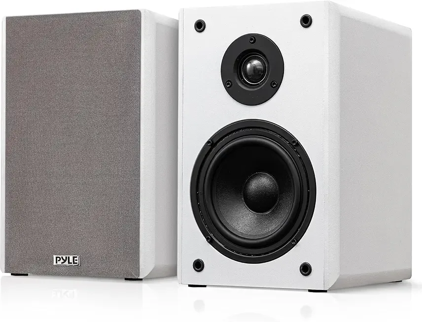 Pyle 5.25” Bookshelf Speakers, Pair of Wired Bookshelf Speakers with Wall Mount Brackets, 2-Way HiFi Home Theater with Paper Cone, Soft Dome Tweeter, Compact Design, 11.5” x 7.5” x 9.5”, White