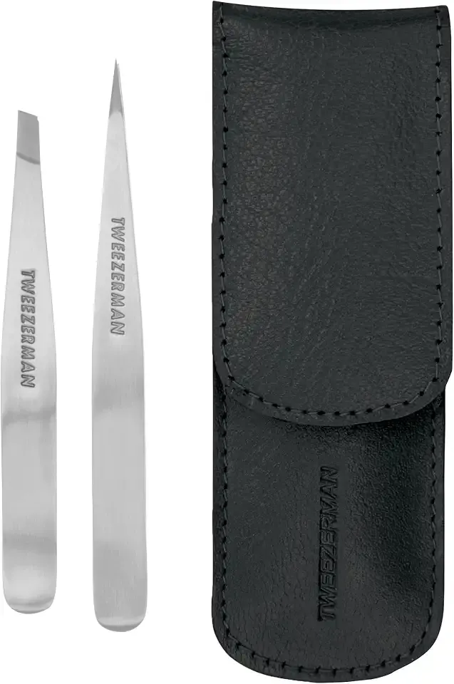 Tweezerman Petite Tweeze Set with Travel Case - Point and Slant Tweezers, Tweezers for Travel (Black Case)