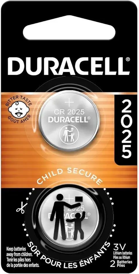 Duracell CR2025 3V Lithium Battery, Child Safety Features, 2 Count (Pack of 1), Lithium Coin Battery for Key Fob, Car Remote, 3 Volt Cell