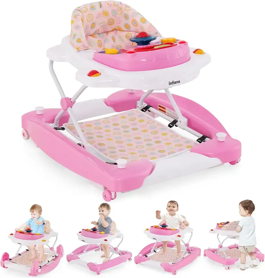 INFANS Baby Walker, 5 in 1 Behind Walker Learning Seated Rocker Bouncer with Removable Music Tray, Adjustable Height, Washable Seat Cushion, Foldable Activity Center for Toddlers (Pink)