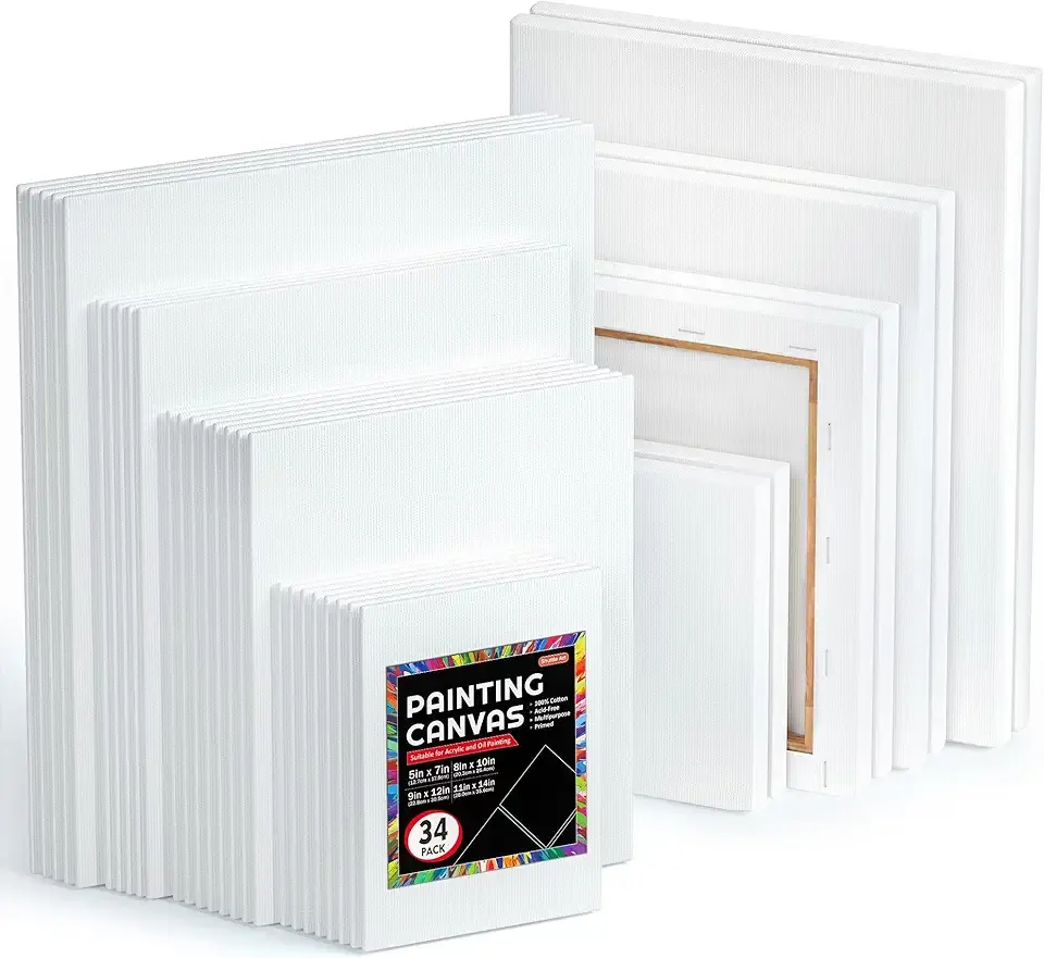 Shuttle 34-Pack Art Canvas for Painting, Multi-Size Stretched Canvas & Canvas Panels, 5x7/8x10/9x12/11x14 Inch 100% Cotton, Primed Blank Canvases, Ideal Art Supplies for Acrylic Oil Painting