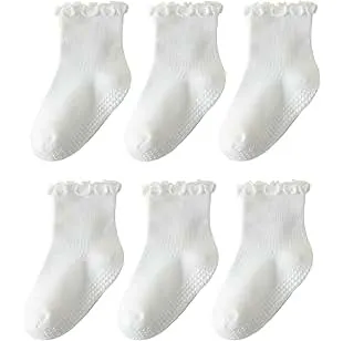 ANYANIME 6 Pairs Toddler Ruffle Socks for Girls Baby Grip Socks Non Slip Socks Cute Grippy Frilly