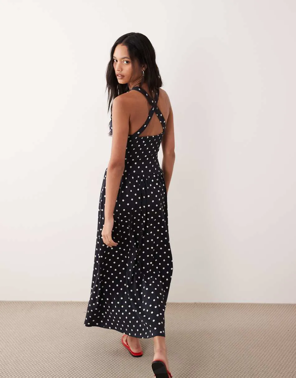 ASOS DESIGN crinkle built up cross back midi dress in mono polka dot