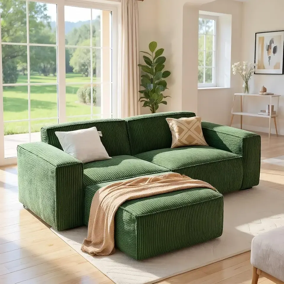 Amada 80" L Shaped Sofa Modular, Corduroy Clopud Couches with Deep Seats &High-Back, Upholstered Couches for Living Room Bedroom with Ottoman, No Assembly Required(2-Seater&1 Ottoman,Green)